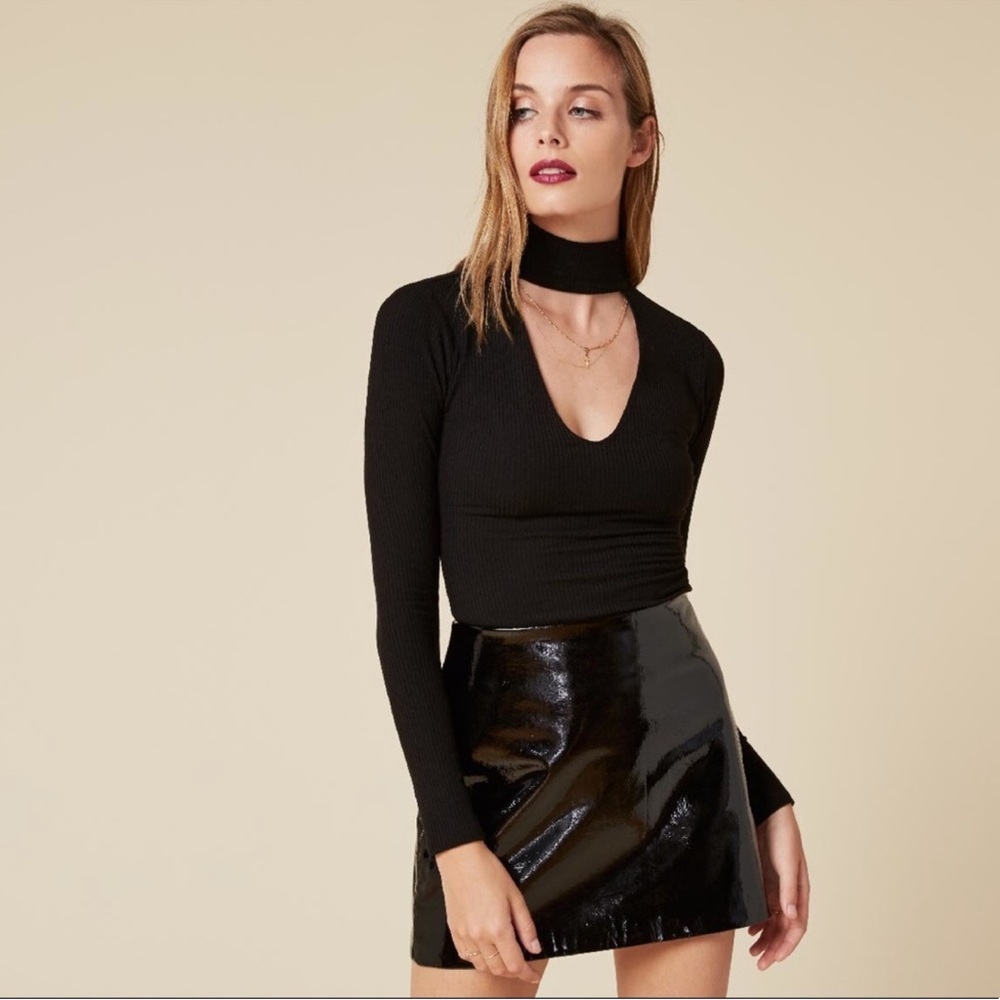 Reformation Piper Top in Black Ribbed Long Sleeve Choker Size S